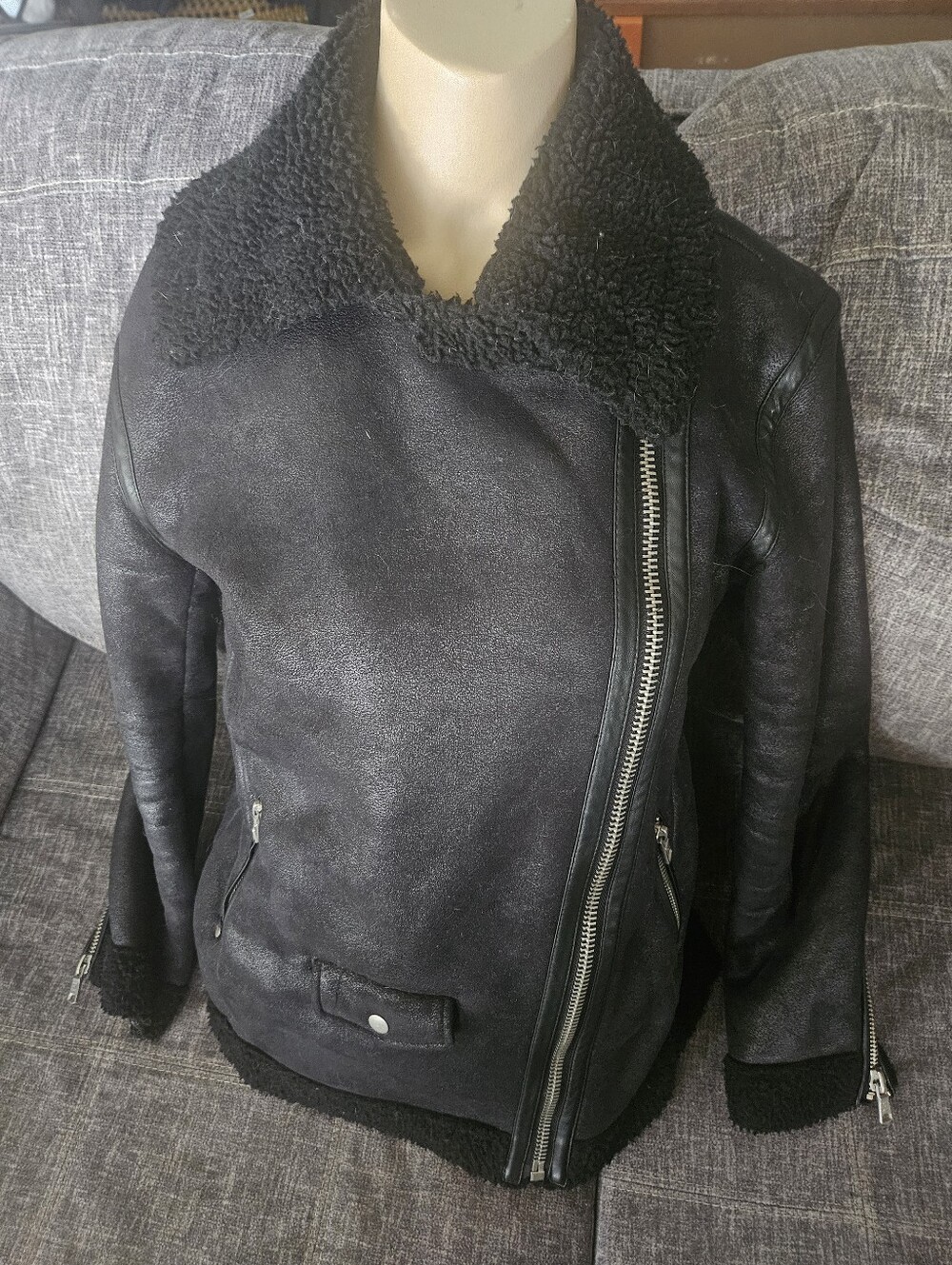 Avec Les Filles Black Faux Sherling Leather Biker Jacket. 18ptp